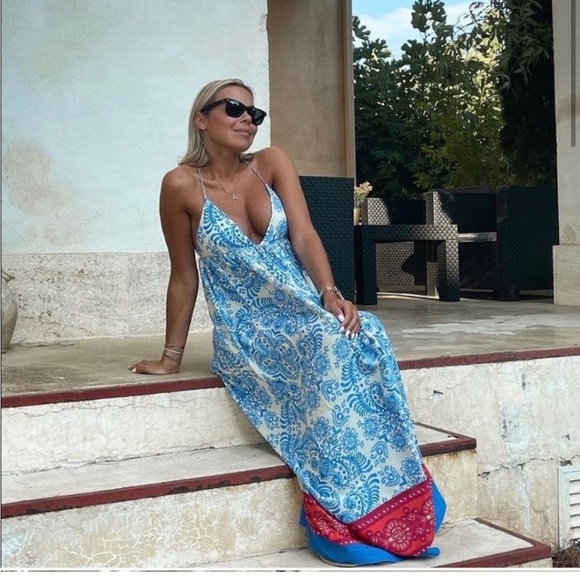 Zara * Linen Blend Printed Maxi Midi Dress Blue Boho Flowy - Picture 6 of 13